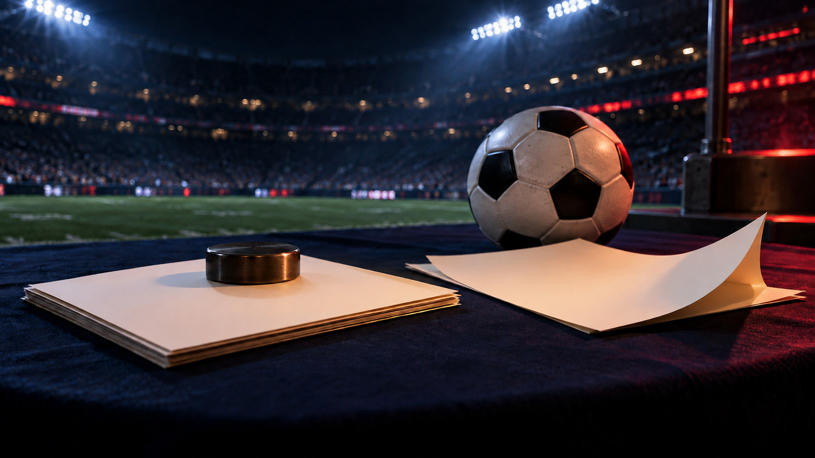 A round soccer ball behind two blank papers on a dark table in a red-lit stadium, one paper held flat and the other lifted.