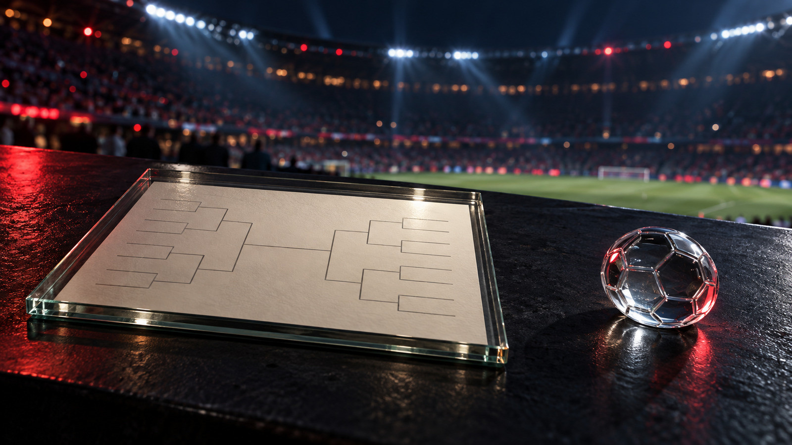 A blank paper tournament bracket under glass beside a clear soccer-ball marker in a stadium setting.