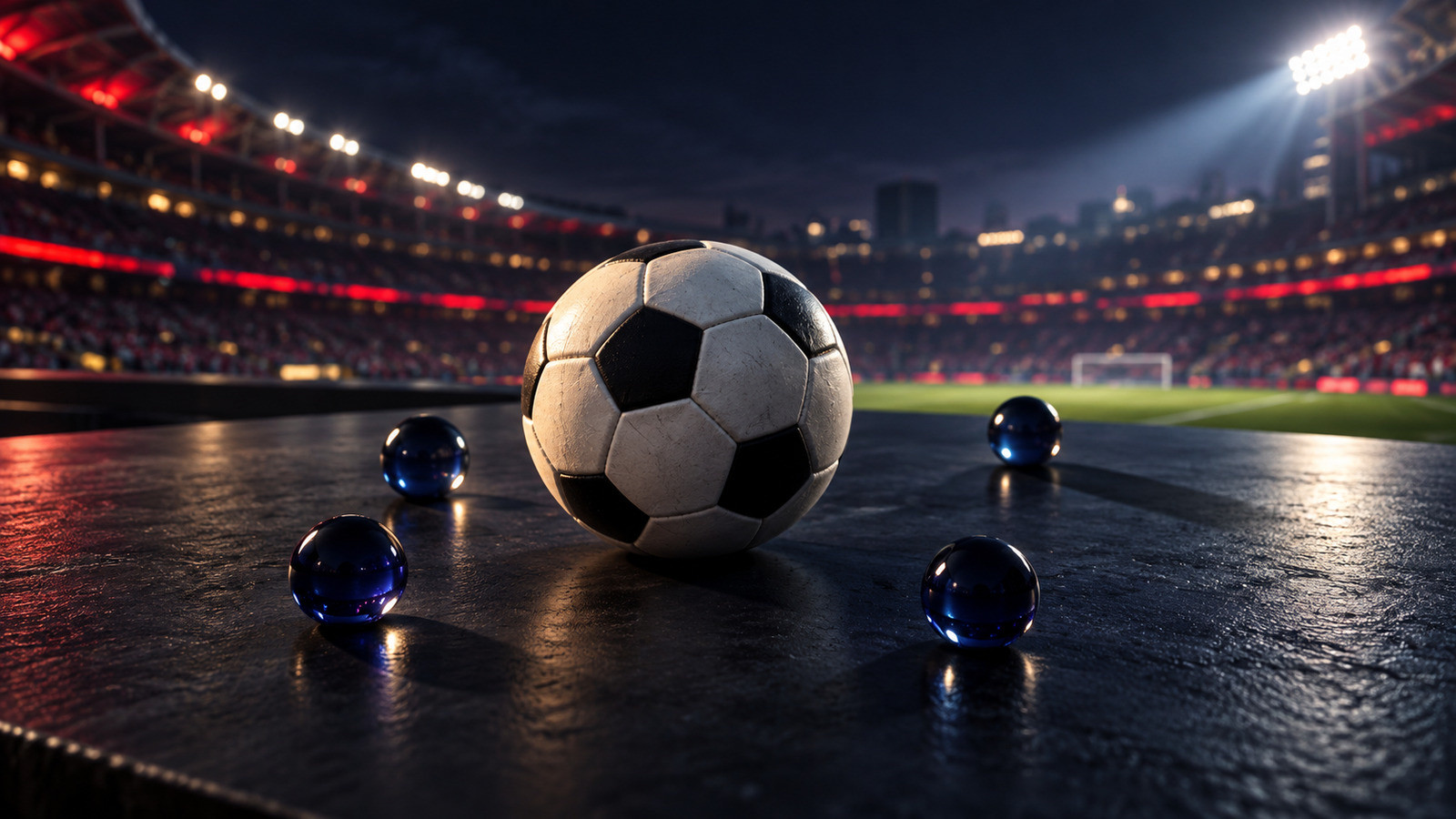 A soccer ball surrounded by four small navy glass markers on a dark tabletop beneath stadium lights.