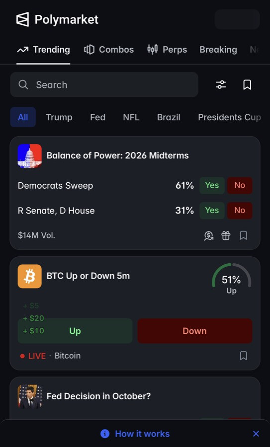 Polymarket home screen with trending markets